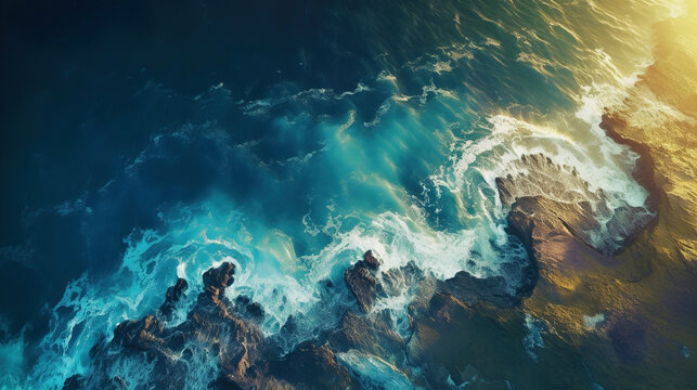 Aerial view of sea and rocks, ocean blue waves crashing on shore