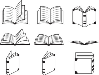 Open book side perspective vintage hand drawing icons collection,  minimal side retro books notebook on the side outline classic learning icon set, icon sheets digital art