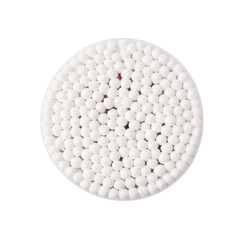 Cotton buds in plastic container isolated on white, top view