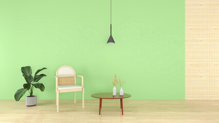 Green living room with an armchair and plant, 3D Rendering