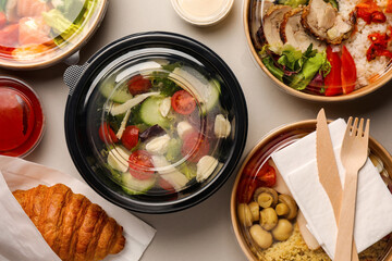 Tasty food in containers with wooden knife and fork on light grey table, flat lay