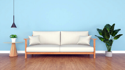 Modern bright interiors 3D rendering illustration with wooden sofa and plants