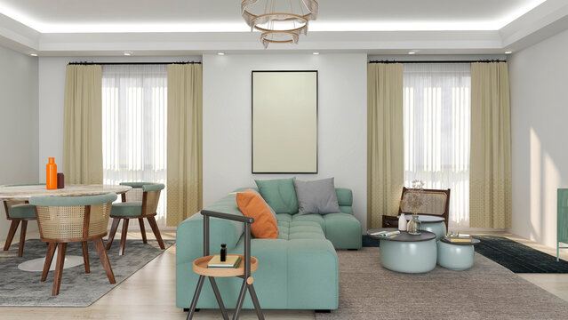 Modern living room interior design. 3D render illustration mock up