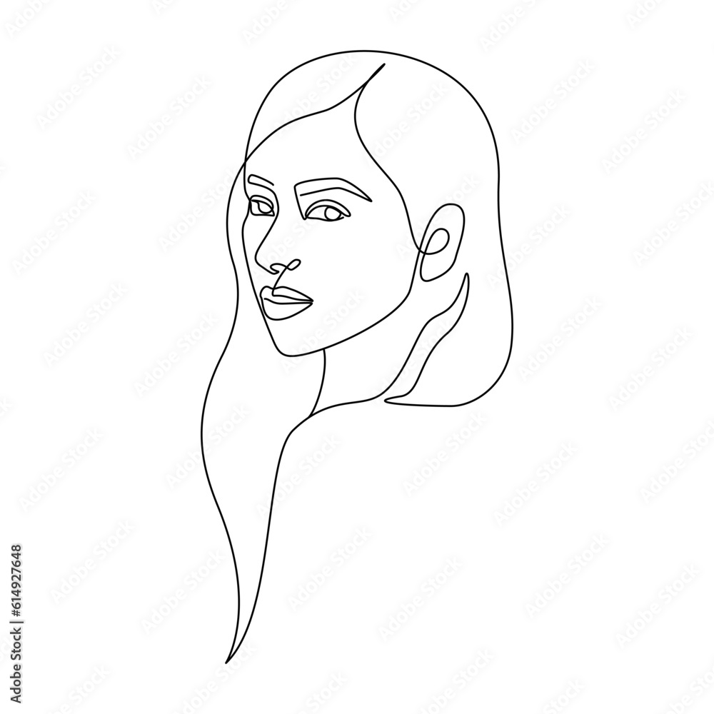 Poster woman face in one continuous line drawing. abstract female portrait in simple linear style. editable