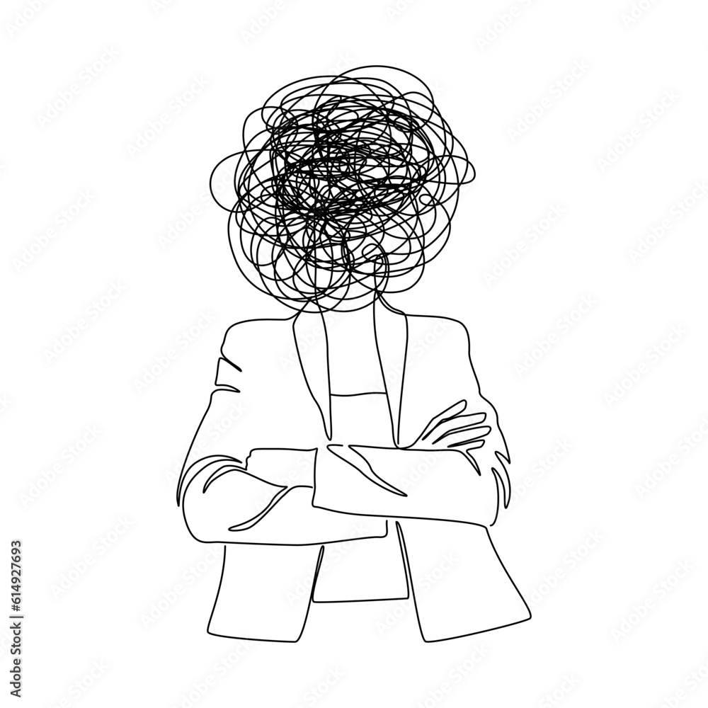 Poster continuous one line drawing of woman with confused messy feelings worried about bad mental health. w