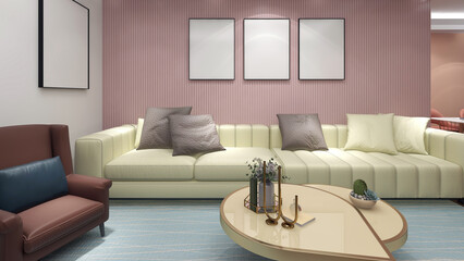 Modern living room with empty blank poster mock up 3D rendering