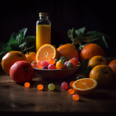 Vitamins C rich food. Variety of citrus fruit including lemons, lines, grapefruits and oranges. Fruits and vegetables. Realistic 3D illustration. Generative AI