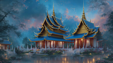 As the sun sets and casts a warm, golden glow upon the landscape a beautiful temple emerges majestically amidst the serene embrace of nature, exuding an aura of tranquility and spirituality.
