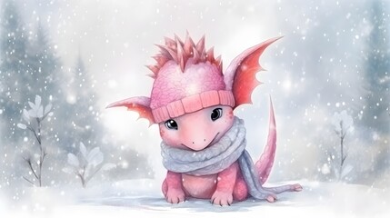 Little cute baby dragon with gifts for Christmas and New Year, symbol of 2024, greeting card, watercolor drawing, AI generated