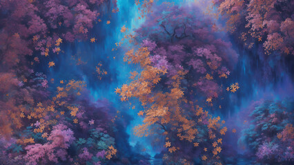 Obraz premium The illustration portrays a captivating forest scene, where an array of colorful trees stand tall, each adorned with vibrant leaves that paint the landscape in a kaleidoscope of hues.