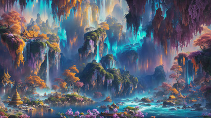 In a captivating illustration, vibrant hues come to life as colorful valleys stretch adorned with meandering streams that glisten under the warm sunlight.