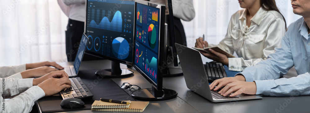 Poster analyst working on data analysis or bi dashboard on computer monitor. business team analyzing financ