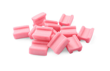 Pile of tasty pink chewing gums on white background