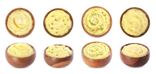 Collage with mashed potato in bowls on white background, top and side views