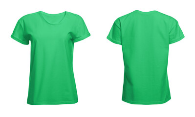 Front and back views of light green women's t-shirt on white background. Mockup for design