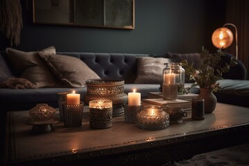 Fototapeta na wymiar Living room with candle holders on table & sofa. Generative AI
