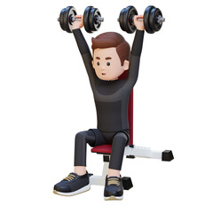 Fototapeta na wymiar 3D Sportsman Character Sculpting Strong Shoulders with Dumbbell Shoulder Bench Press