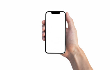 Concept for brochure and advertisement. Man holding a phone with his right hand, isolated on white background.