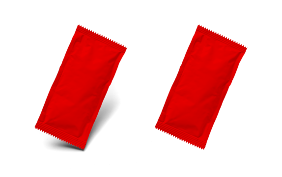 Red Sachet Condiment Packet Mock Up With and Without A Shadow Isolated - Transparent PNG.