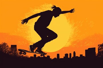 Silhouette of a skateboarder doing tricks. Generative AI