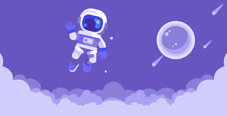 Astronaut floating waving in space. Flat Cartoon Style Suitable for Landing Web Pages, Banners, Flyers