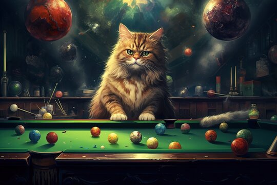 A Gigantic kitty plays billiard with planets in space illustration generative ai