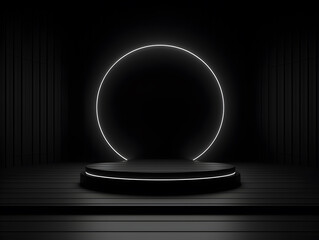Podium or pedestal in full black for product display photo luxury elegant dark low light for men cosmetic led neon generative AI