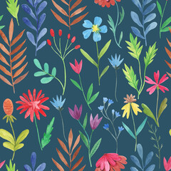 Colorful seamless pattern with simple doodle floral elements. Watercolor hand drawn illustration.
