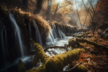 Fototapeta na wymiar A stunning autumn scene of a crystal-clear waterfall in Plitvice National Park, Croatia - featuring the beauty and magic of nature's abandoned places. Generative AI