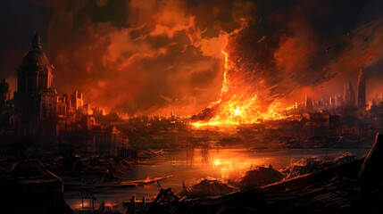 Obraz premium Fierce warzone illustration, ravaging fire and explosive turmoil dominate, depicting the destructive chaos of a violent conflict