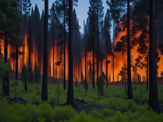 Forest fire due to climate change, pine forest. Generative AI