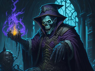 Undead sorcerer necromancer casting spells. Generative AI