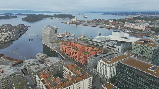 High rises with eco roofs line the waterfront in Oslo Norway