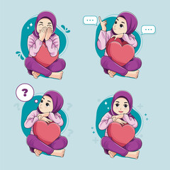 Set of happy muslim little cute girl character vector illustration