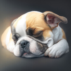 Bulldog sleeping activity photoshoot. Bulldog cute breed in relax sleep pose studio shoot photograph. Generative AI.