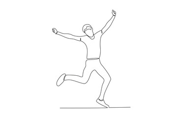 Fototapeta na wymiar A happy man raised his legs and hands. World youth day one-line drawing