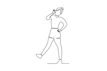 A woman poses while raising one leg. World youth day one-line drawing