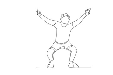 Fototapeta na wymiar A happy man bent his legs and raised his hands. World youth day one-line drawing