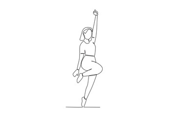 A woman raised one leg and one hand. World youth day one-line drawing