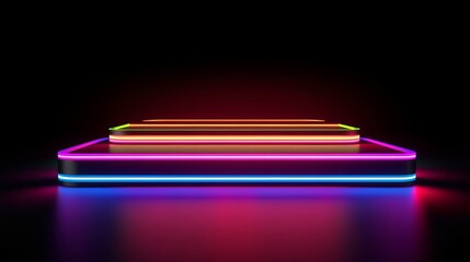 abstract concept of a 3d render of a futuristic colorful neon rgb led lights stage podium on dark black background. stair levels going up. Generative AI