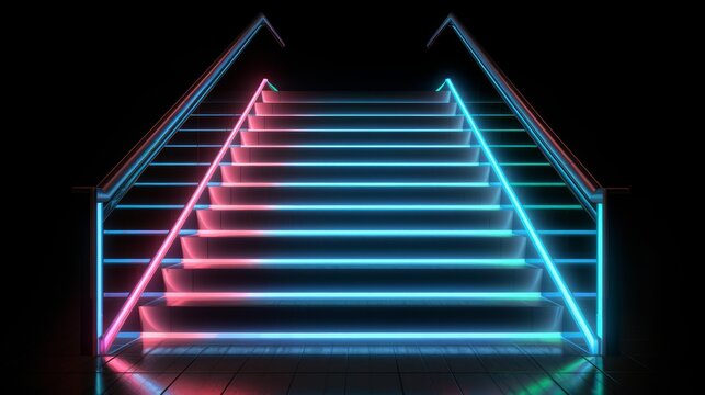 abstract concept of a 3d render of a colorful neon rgb led lights stairs on dark black background. stairs goes up. Generative AI