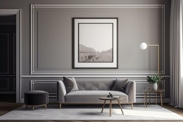 A blank picture frame on a wall in a luxurious, modern living room for mockups. Generative AI
