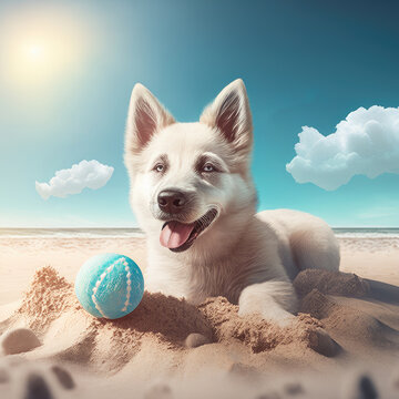 Dog husky pal summer activity. Siberian husky cute dog puppy breed laying in beach sand with ball toy in summer background. Generative AI.