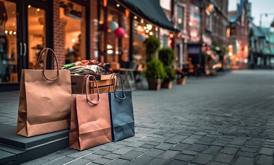 Shopping bags in the street, christmas, wallpaper Generative AI