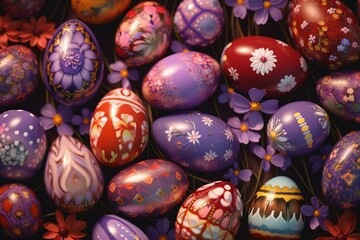 Fototapeta na wymiar A 3D rendered background of colorful Easter eggs with lovely patterns of flowers and diamonds in purple, red, and yellow. Generative AI