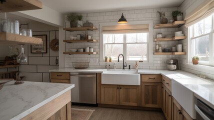 Interior design of Kitchen in Farmhouse style with Farmhouse sink decorated with Subway tile, Wood, Marble, Ceramic material. Open concept architecture. Generative AI AIG24.
