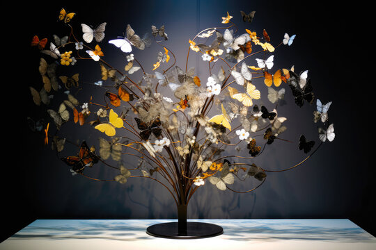 A tree made from metal with butterflies