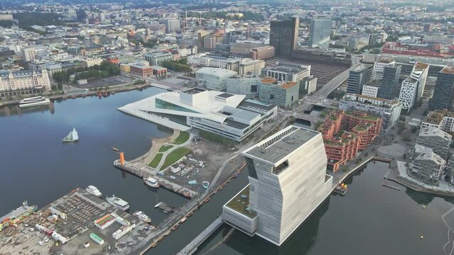 The Munch Museum and Opera House adorn the harbour of Oslo Norway