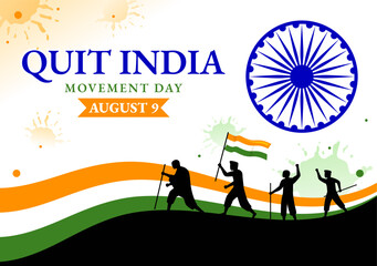 Obraz premium Quit India Movement Day Vector Illustration on 9 August with Indian Flag and People Silhouette in Flat Cartoon Hand Drawn Background Templates