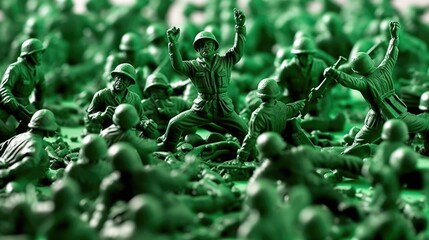 green plastic toy soldiers in the midst of a battlefield generative ai